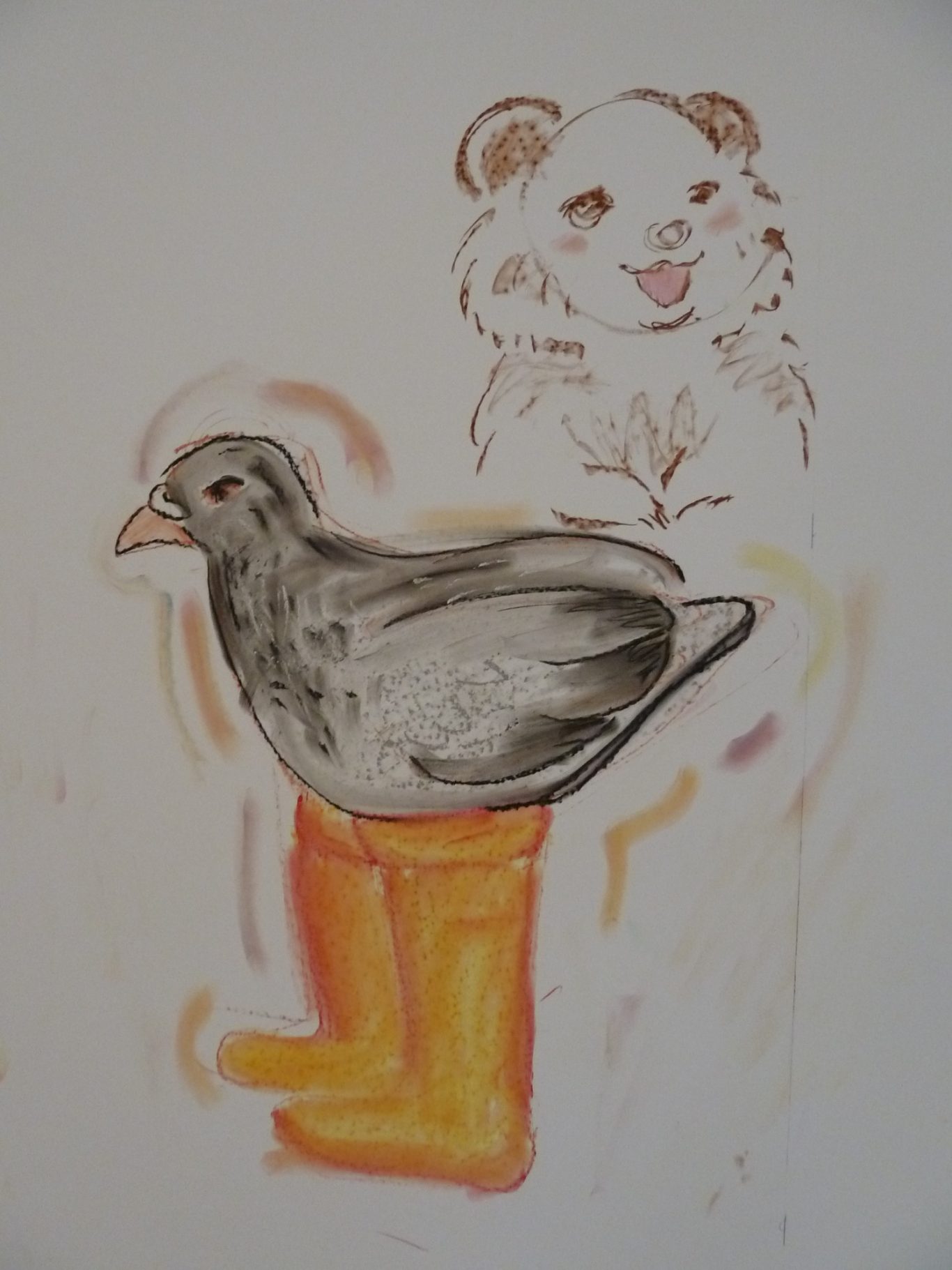 Eine Zeichnung eines Vogels in Gummistiefeln und eines Bären im Hintergrund.