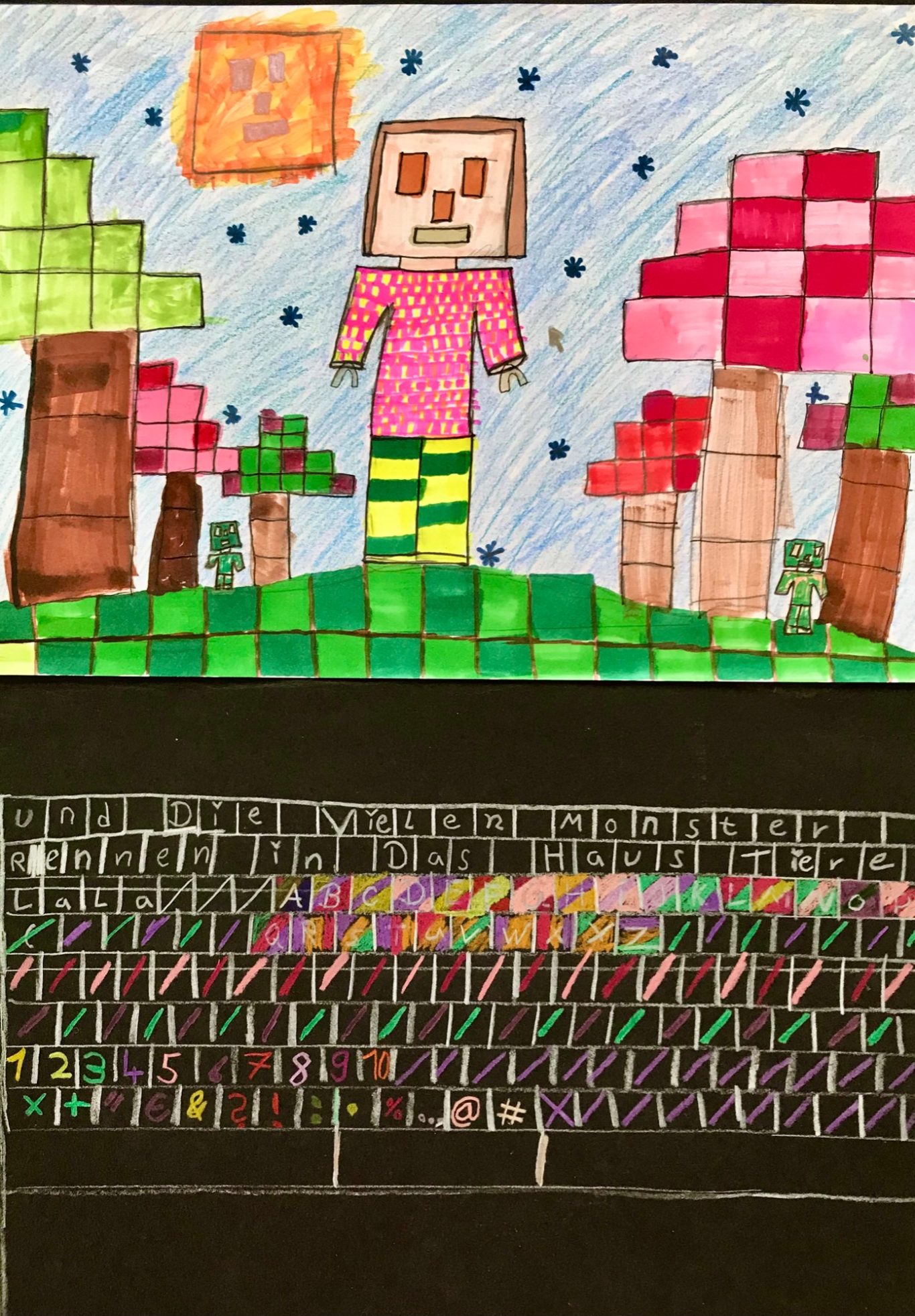 Minecraft-Figur mit buntem Hintergrund aus Bäumen und einem Computer-Tastaturbereich.