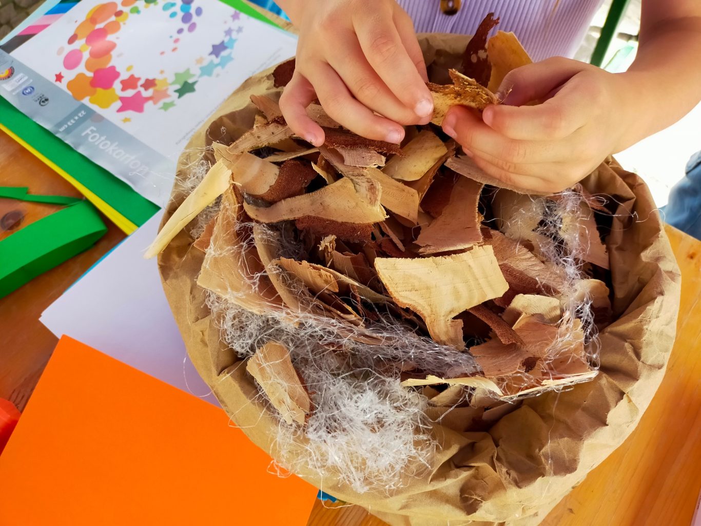 Holzspäne in einer Schüssel, daneben Bastelmaterial und Zeichnungen.