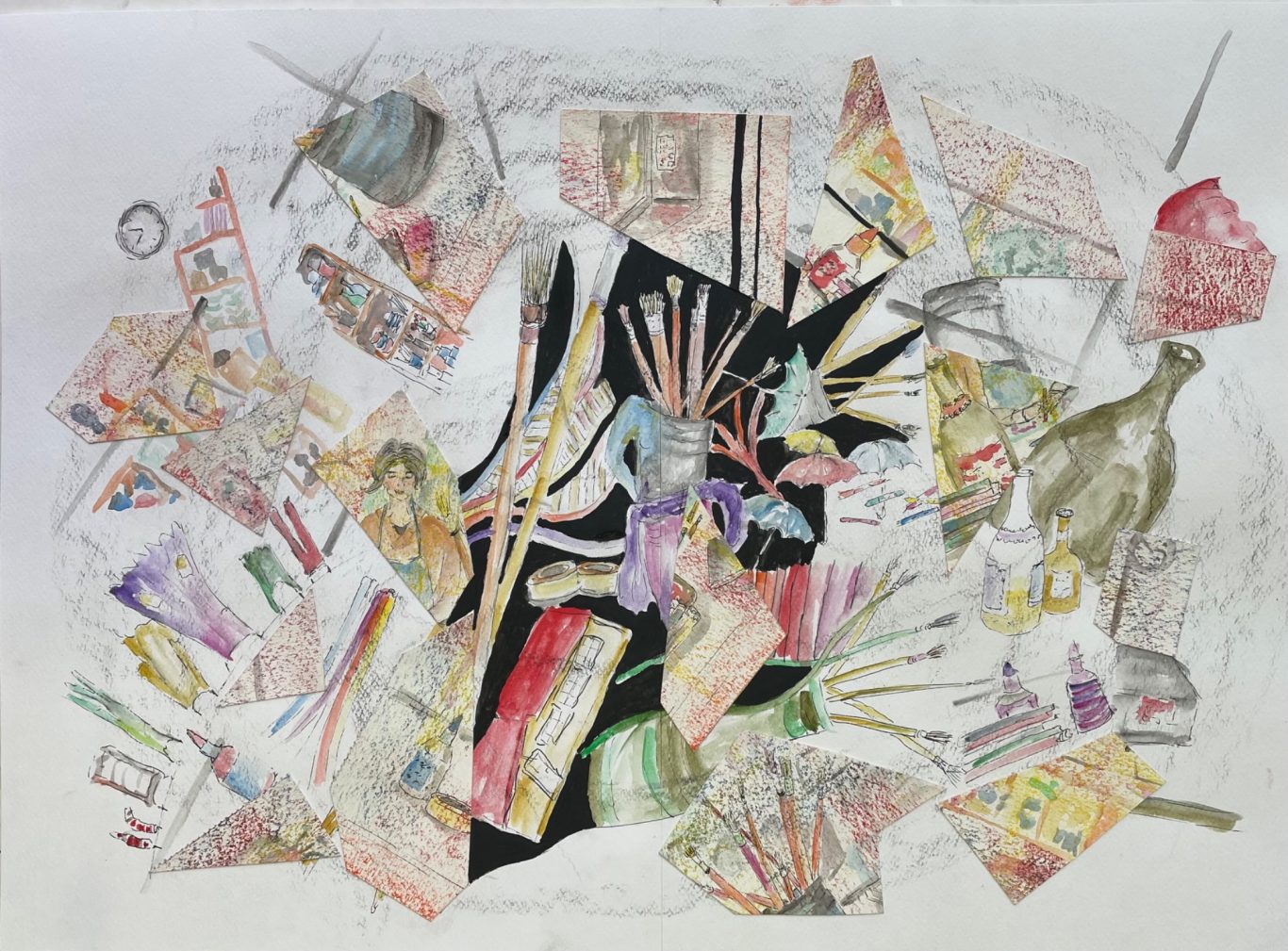 Abstrakte Komposition mit bunten Zeichnungen, Formen und texturierten Elementen.