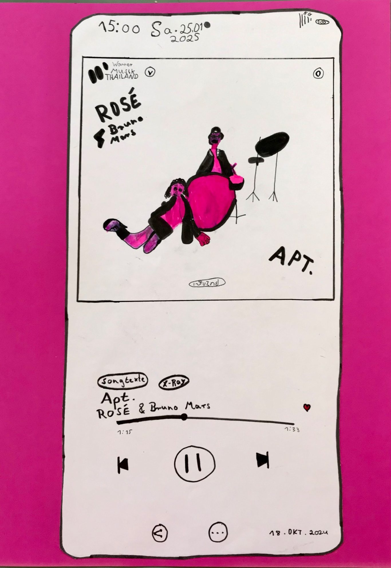 Grafik eines digitalen Musikplayers mit rosa Hintergrund und einer animierten Figur.