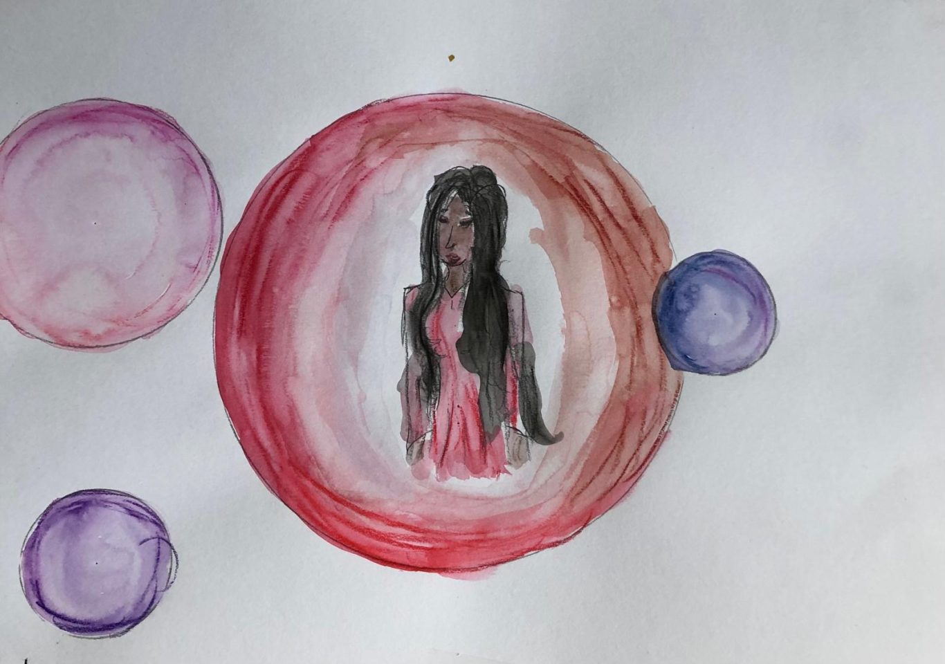 Eine stilisierte Darstellung einer Frau in einem rosa Kleid, umgeben von bunten Kreisen.