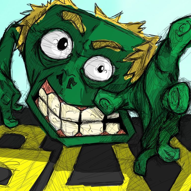 Gemälde eines grünen, schelmischen Zombies mit aufgerissenen Augen und breitem Grinsen.