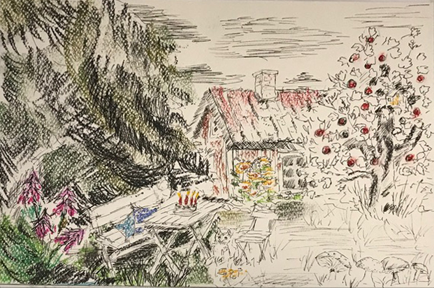 Bunte Winterlandschaft mit einem Haus, Bäumen und geschmücktem Weihnachtsbaum.