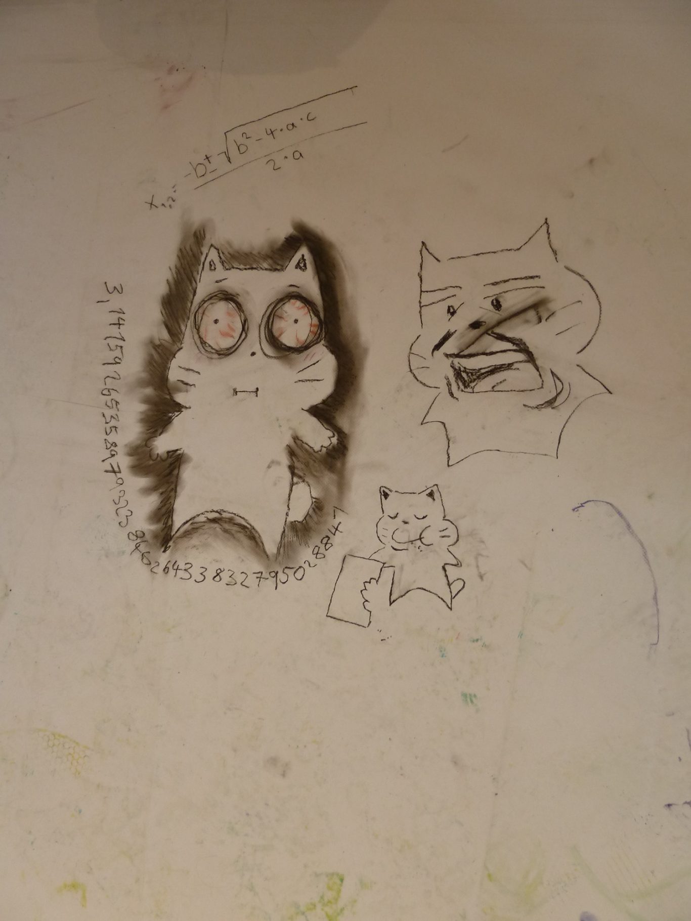 Graffiti mit einer cartoonhaften Katze und einem wütend schauenden Gesicht.