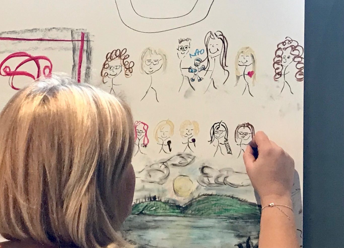 Eine Person zeichnet Figuren und Landschaften auf eine Wandtafel.