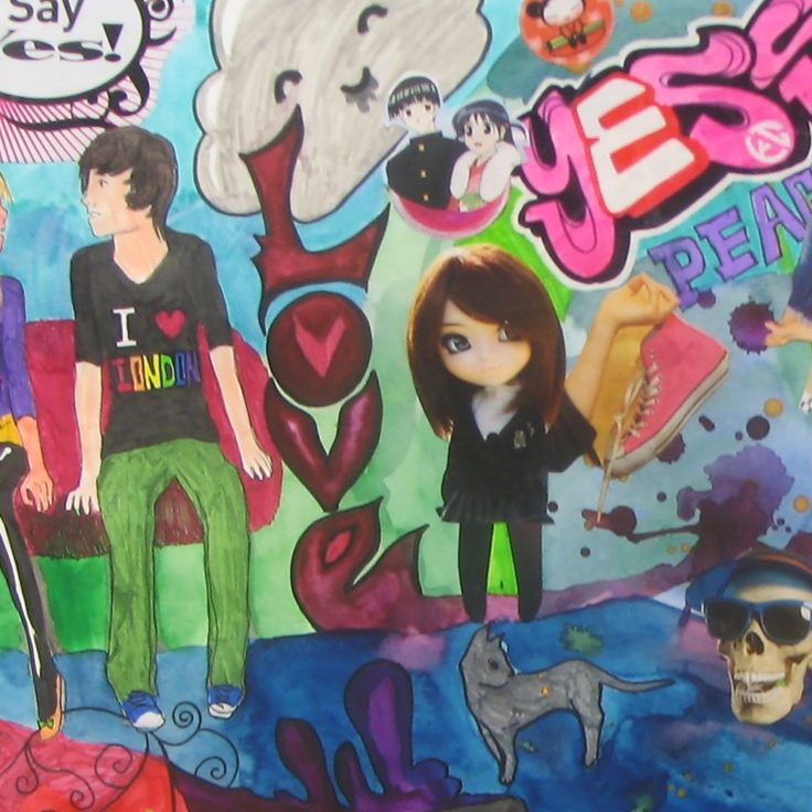 Bunte Collage mit Figuren, Herzen, Worten und einer Katze auf kreativem Hintergrund.