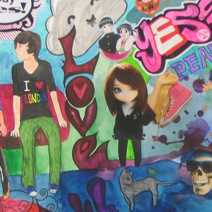 Bunte Collage mit Figuren, Herzsymbole und Schriftzügen über Liebe und Frieden.