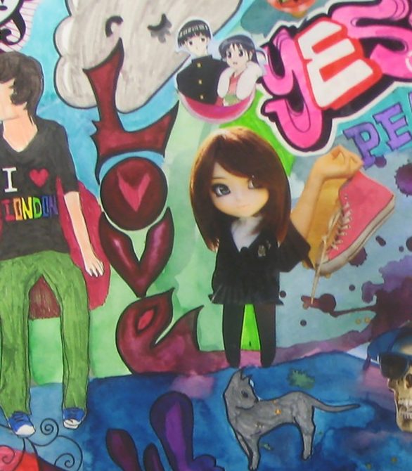 Bunte Collage mit stilisierten Figuren, Herzen, einem Schädel und den Wörtern "Love" und "Yes".