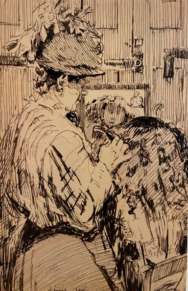 Eine Frau mit einem Hut, die an einem Bild arbeitet, umgeben von Kunstmaterialien.