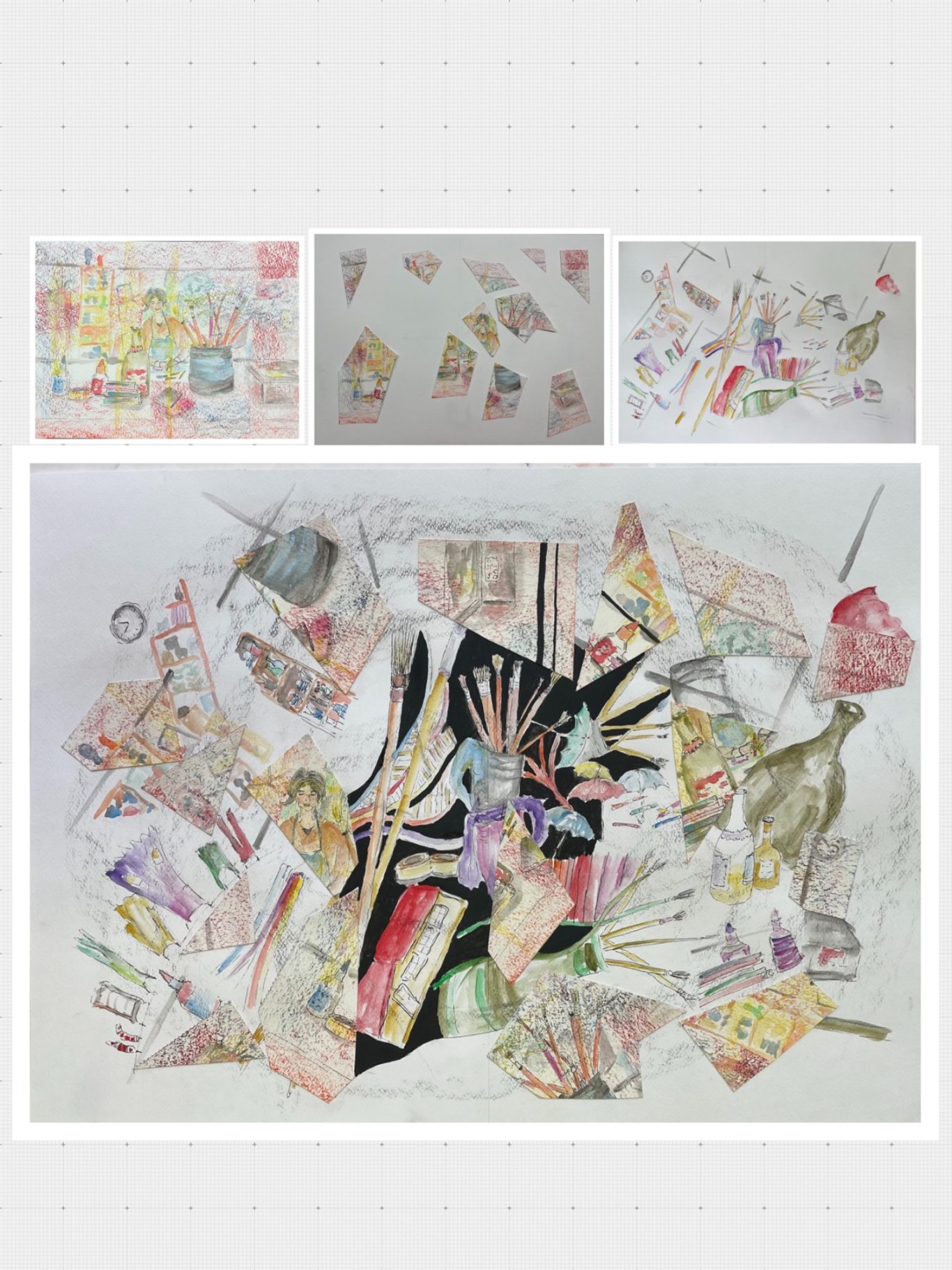 Bunte, abstrakte Collage aus Zeichnungen und Fragmenten, die verschiedene Formen zeigt.