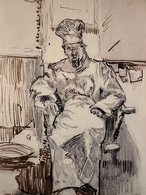 Mann in traditioneller Kleidung sitzt entspannt auf einem Stuhl in einem einfachen Raum.