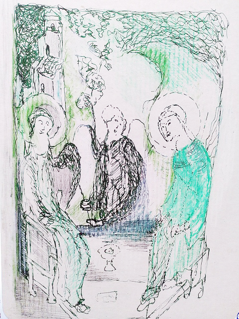 Drei geistliche Figuren stehen in einer grünen, natürlichen Umgebung.