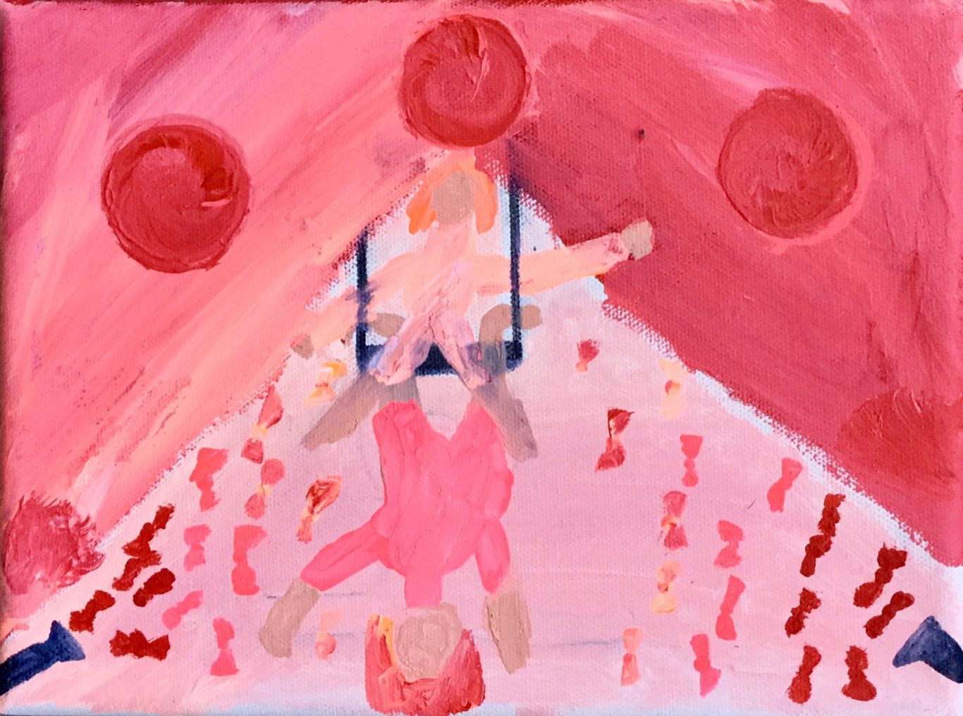 Farbenfrohes Gemälde zweier Artisten, die auf und unter einer Schaukel turnen mit leuchtendem Hintergrund.