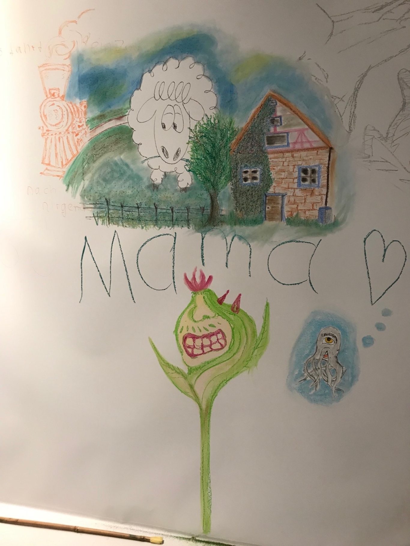 Bunte Zeichnung mit einem Haus, einer Pflanze und der Aufschrift "Mama".