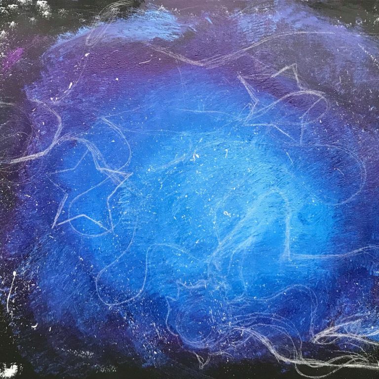 © vhs Balingen Blaues, schimmerndes, sternenübersätes Galaxy-Motiv mit lila und weißen Akzenten.