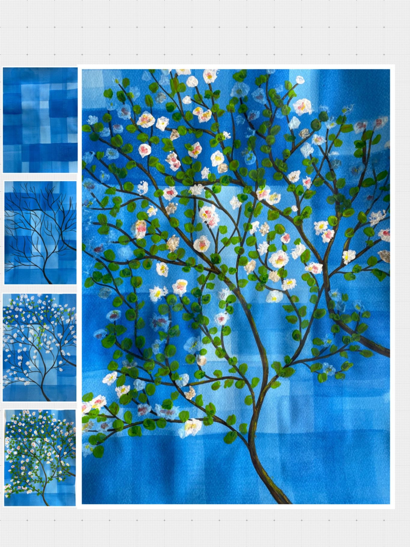 Blaue Stofftextur mit blühendem Baum in einzigartigem Design und verschiedenen Detailansichten.